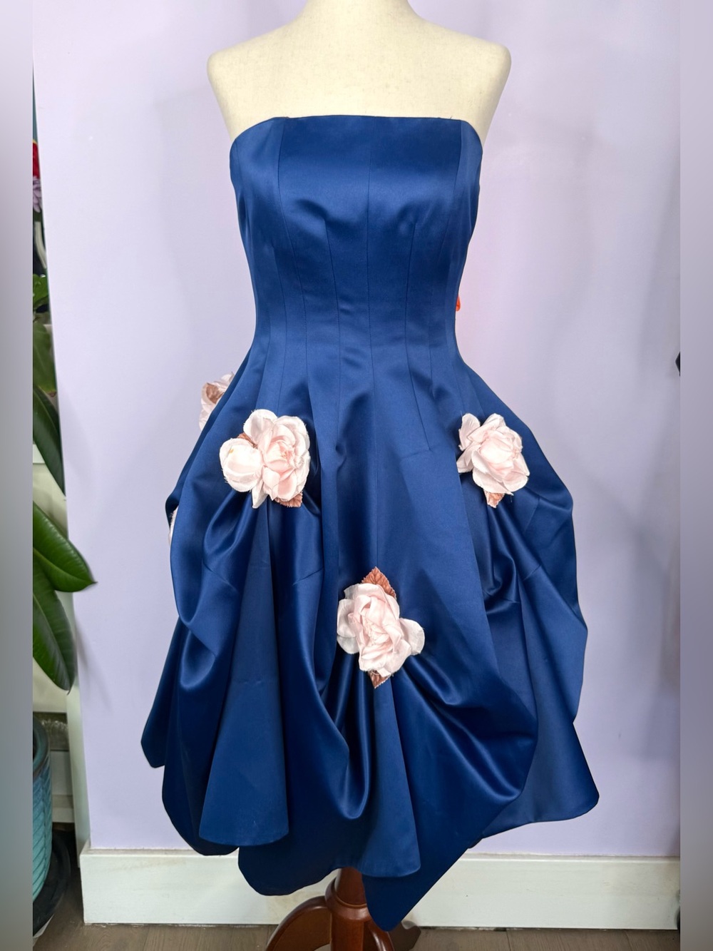*RARE* Betsey Johnson Vintage Blue Satin Strapless Evening Gown w Pink Roses